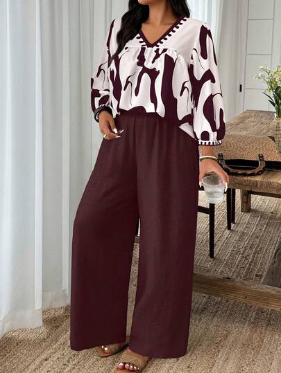 Weeklong Women's Plus Size V-Neck Lantern Sleeve Shirt And Wide Leg Pants Casual Outfit For Daily, Party, Vacation  Day