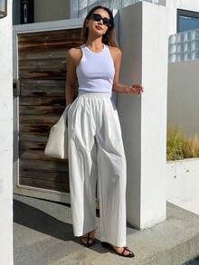 DAZY Women's Loose Fit Ankle Length Pants, Elastic Waist, Casual & Formal, Spring/Autumn - White - View 3