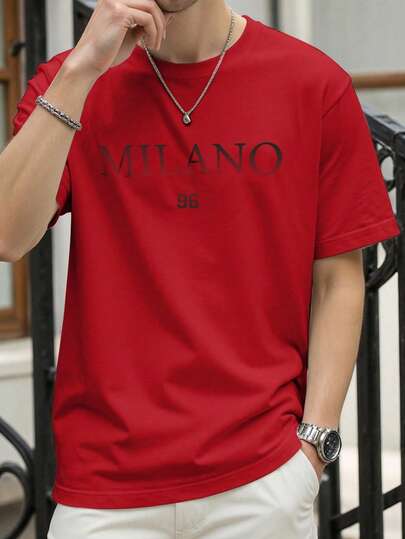 Manfinity Homme Men's Letter Print Round Neck Red Casual Short Sleeve T-Shirt