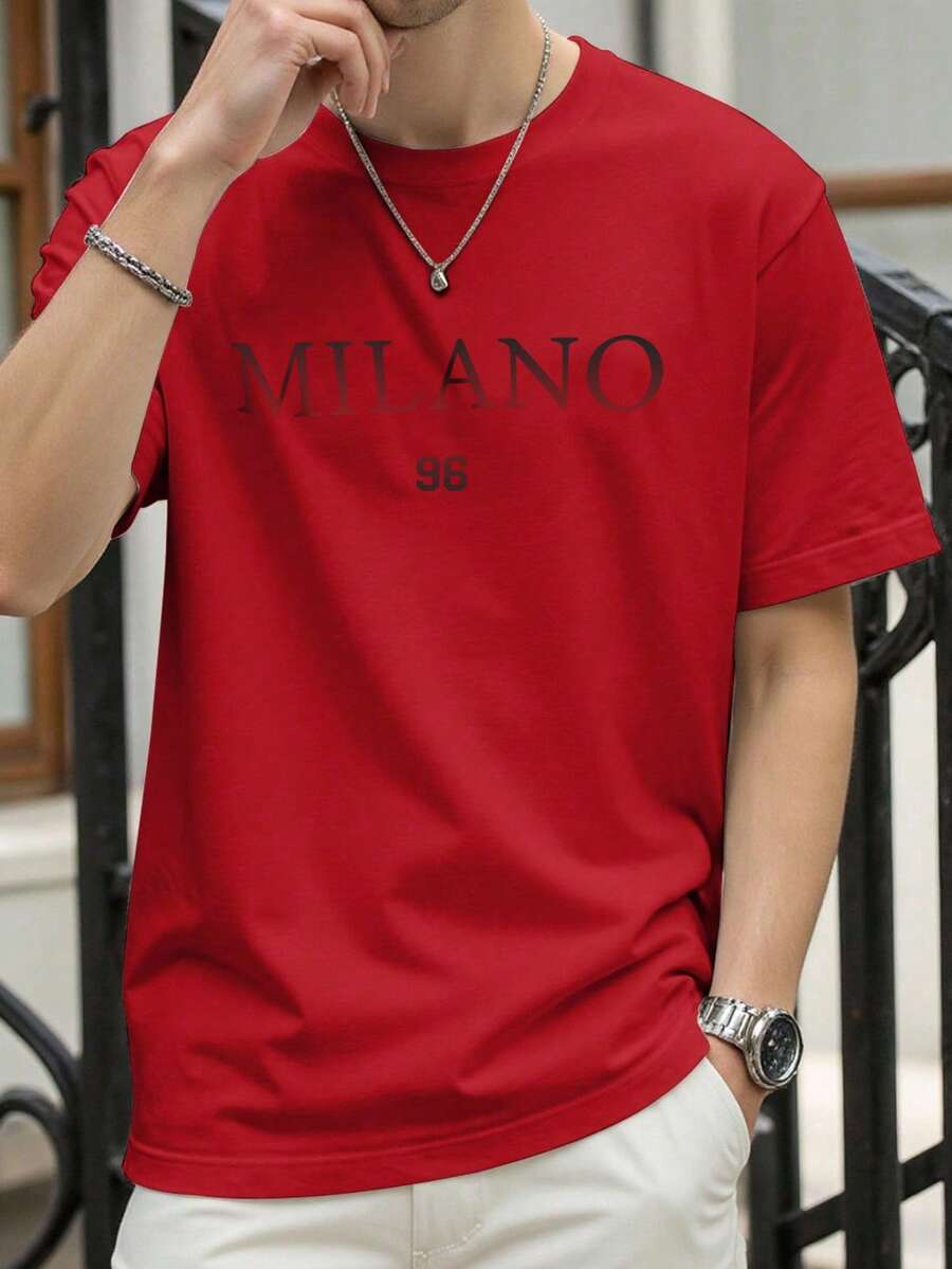 Manfinity Homme Men's Letter Print Round Neck Red Casual Short Sleeve T-Shirt - Red - View 1