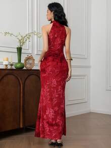 EastFlair 女士压纹修身镂空复古无袖连衣裙 - 紅色 - 查看 6