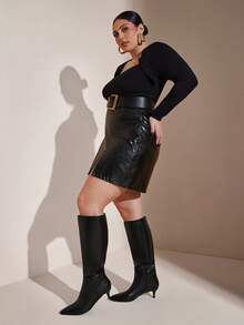 SHUZIA Women's Glamorous Wide-Calf Sexy Pointed Toe Kitten Heel Knee-High Boots - Black - View 3