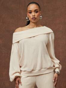 Vixey Áo len dệt kim tay bồng lệch vai cỡ lớn - Màu be - Xem 4