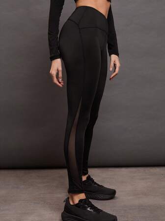 سروال رياضي للنساء مع لوحة شبكية متباينة للتحكم في البطن، سروال يوجا