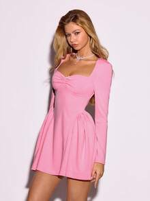 Sweetina Đầm mini cổ vuông tay dài đính nơ trang trí - Hồng - Xem 6