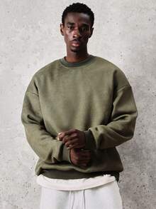 SUMWON 男士水洗橄榄绿圆领卫衣，白色标签细节，冬季休闲套头衫 - 綠色 - 查看 3