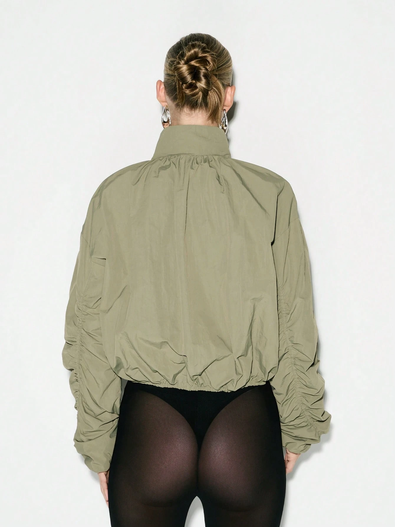 KIZN Ruched Sleeve Zip Front Bomber Jacket