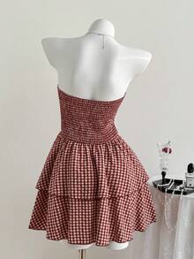 Elamini 红色提花格纹无袖镂空收腰荷叶边迷你连衣裙，女士春夏款，适合度假、复古、优雅、通勤、约会等场合，简约百搭。 - 紅色 - 查看 2