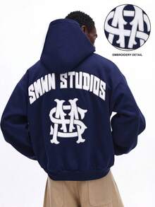SUMWON Men Navy Blue Pullover Hoodie With Drawstring Back Print Logo Casual Streetwear Sweatshirt Winter Fall Comfort Wear - Navy Blue - View 3
