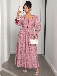 Modelyn 大码女式碎花荷叶边袖口休闲收腰派对长袖连衣裙 - 彩色 - 查看 7