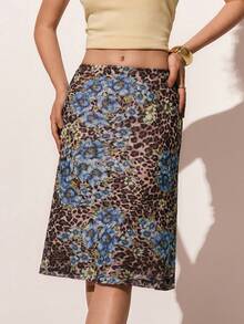 Poéselle Women's Fashion Leopard & Floral Print Skirt,Casual Skirt For Women ,Elegant Skirt, Beach Skirt ,Beach Outfit For Women,,Valentine Outfits For Women,Birthday Outfits For Women,Spring/Summer - Blue - View 5