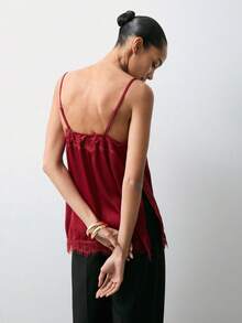 Maija Romantic & Elegant For Valentine's Day Burgundy Satin Lace Patchwork Side Slit Women's Camisole Top Summer