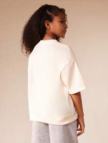 SUMWON Boxy Studios Tween Short Sleeve Crew Neck T-Shirt With Pink Logo Print Casual - Apricot - View 2