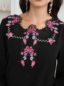 Al Najma Women's Autumn Black Washed Pleated Long Sleeve Floral Embroidered Ruffle Hem Elegant Arabic Dress - Black - View 6