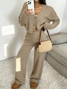 SHEIN EZwear 女士休闲驼色针织衫套装，适合秋冬季穿着 - 駝色 - 查看 5