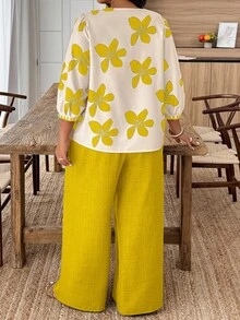Weeklong 大码女式印花V领灯笼袖衬衫搭配阔腿裤休闲套装，适合日常、派对、度假等场合。 - 黃色 - 查看 2