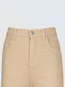 SHEIN ChillGRL Denimly Girls Casual Minimalist Academy Style Washed Denim Elastic Waist Zipper Hem Cropped Jeans - Khaki - View 3