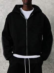 Áo hoodie nam SUMWON dáng ngắn màu đen, khóa kéo toàn thân, viền phản quang, dáng rộng, phong cách đường phố mùa đông, thời trang đô thị, áo khoác ngoài mùa thu, đơn giản. - màu đen - Xem 6