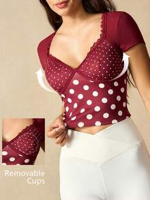VARSIVA 女士波点印花拼接心形领撞色蕾丝短袖运动T恤 - 彩色 - 查看 5