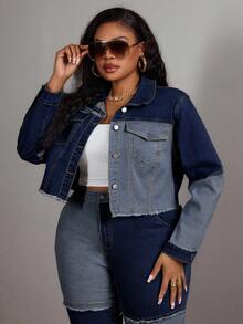 Slaydiva Plus Size Women Cowgirl Blue Denim Patchwork Elastic Short Jacket, Rodeo - Dark Wash - View 6