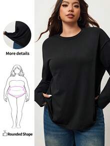 Enliva Plus Size Solid Color Drop Shoulder T-Shirt, For Apple Rounded Body Shape - Black - View 1
