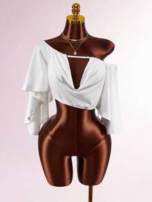 Amplova 2026 New White Off-Shoulder Oblique Shoulder Versatile Solid Color Comfortable Women Top - White - View 7