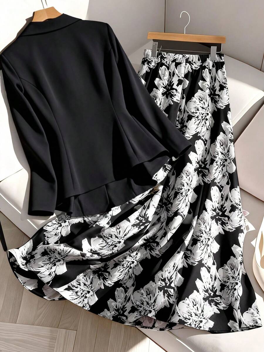 GlowEve CURVE 大码女士优雅纯色翻领单排扣外套搭配花卉提花A字裙套装，适合返校、毕业典礼、情人节、音乐节、母亲节、万圣节、感恩节、复活节、国庆节、晚宴、约会派对、婚礼季、户外郊游等场合。 - 黑色 - 查看 1