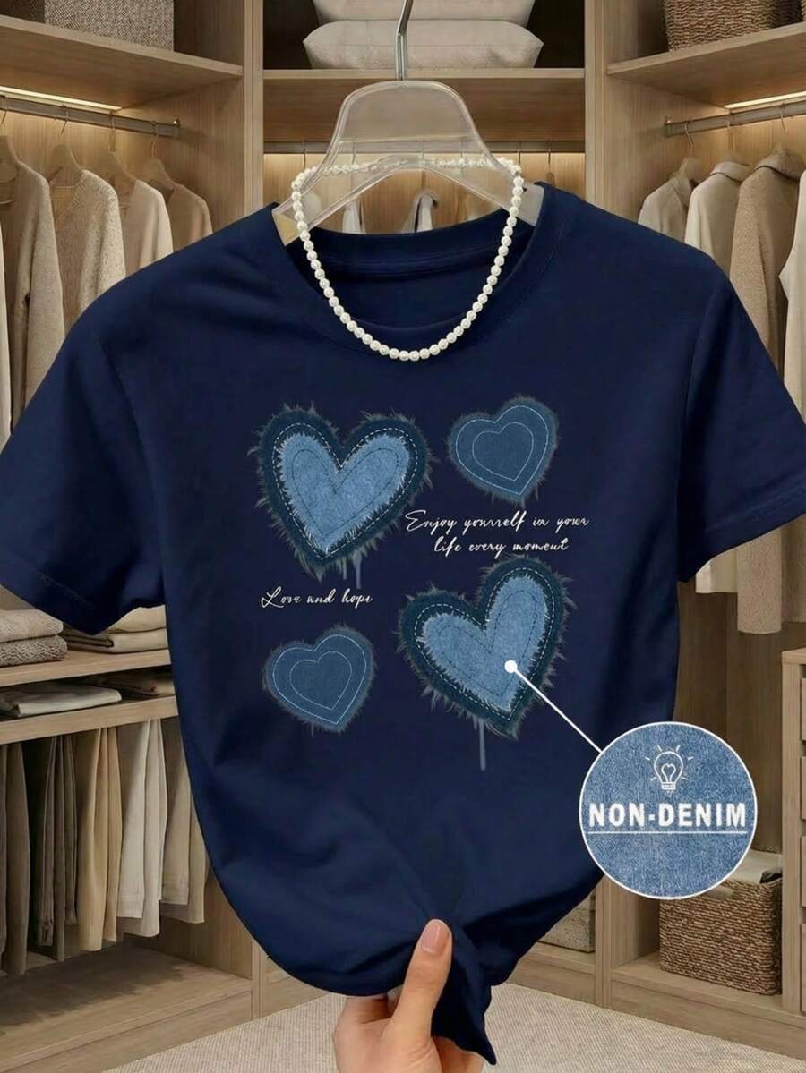 Camiseta de manga corta con cuello redondo, adornada con estampado, para ropa de Año Nuevo, camisetas gráficas para mujeres - Azul Marino - Ver 1