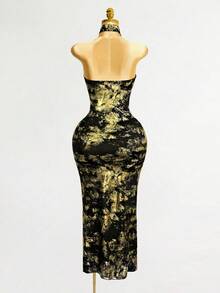 Mistrie Stand-Up Collar Sleeveless Hollow-Out Side Slit Sexy Elastic Slim New Chinese Style Gold Glittering Christmas Party Ladies Long Dress - Black Gold - View 2