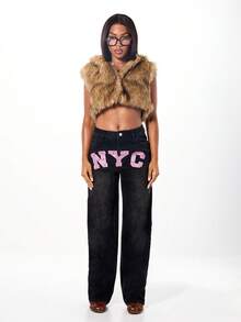 SUMWON Plus Size Wide Leg Black Denim Jeans With Pink NYC Studded Letter Print High Rise Baggy Fit Casual Pants With Metal Embellishments - Black - View 4