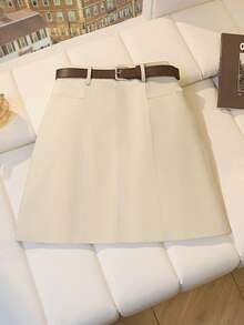 INAWLY Plus Size Women Solid Color Casual Commuter Versatile Skirt - Beige - View 1
