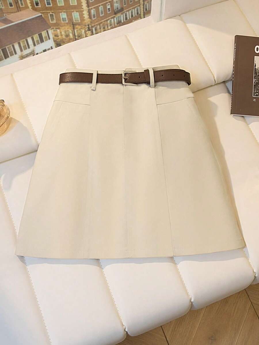 INAWLY Plus Size Women Solid Color Casual Commuter Versatile Skirt - Beige - View 1