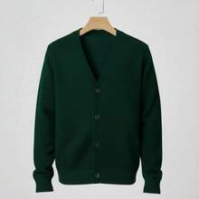 Suéter para Hombre Estilo Casual Minimalista Tejido Holgado Cuello en V Manga Larga Otoño Primavera Versátil Diario Cardigan - Verde - Ver 3