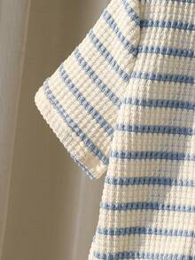 SHEIN Streecool Kids 2pcs Young BoyTextured Stripe Knit Shirt And Shorts Set - Blue - View 6