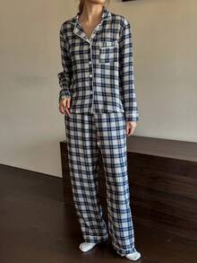 Dream Adore Blue & White Plaid Print Women Casual Long Sleeve Pajama Set With Collar Button Up Pajama Set Coffee Pajamas Sleep Wear Women Set Checkered Pajamas - Blue and White - View 6