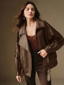 Anewsta 女士翻领拉链口袋重叠下摆按扣设计时尚百搭街头摩托车夹克 - 棕色 - 查看 4
