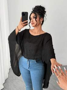 Elenzga Plus Size Women's Minimalist Black Semi-Sheer Chiffon Bubble Decor Blouse Plus Size Black Tops Black See Through Top Sheer Top Plus Size - Black - View 6