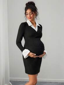 Momance Maternity Casual Black & White Patchwork Long Sleeve Dress - Black and White - View 4