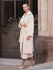ORNATELLA Elegant Long Coat With 3D Floral Beaded Embellishment - Beige - View 4