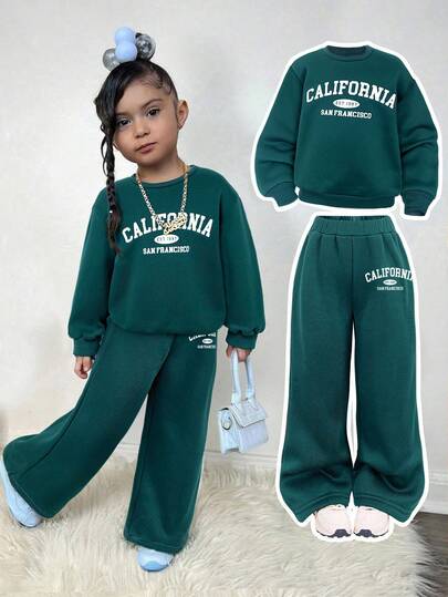 Young Girl Casual Heart Print Knit Solid Color Loose Drop Shoulder Long Sleeve Sweatshirt And Wide Leg Sweatpants Set California Outfits Kids Back To School 2 Piece Set Girl Sweat Suit Set Girls Fall Sets Seasons - Spring, Summer, Autumn, Winter, Great Christmas Gift For Young Girls