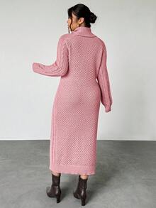 Firerie Váy len cổ tròn màu trơn thường ngày cho nữ Váy len midi Váy len cho nữ Váy cổ lọ Váy dệt kim cáp Váy dệt kim cho mùa thu/đông - Hồng - Xem 2