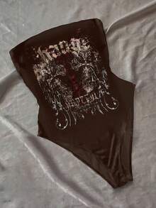 Glimmora 女士时尚街头风交叉翅膀字母印花抹胸连体衣，夏季