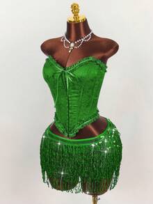 Amplova 亮片流苏装饰女士迷你裙，派对装 - 綠色 - 查看 8
