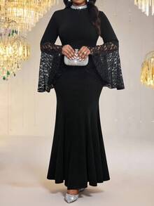 Fleurora 大码女士优雅派对喇叭袖黑色连衣裙 - 黑色 - 查看 1