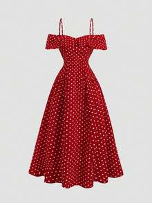 Sweetra 复古波点荷叶边单肩修身连衣裙，优雅红色鸡尾酒裙，适合情人节、圣诞节等场合，百搭款式 - 紅色 - 查看 6