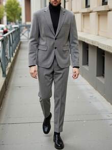Manfinity Bizformal Chaqueta de traje de un solo botón y pantalones de unicolor con solapa para hombre, conjunto de negocios - Gris - Ver 4