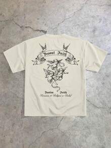 StoneGrade 复古美式经典三天使与燕子印花男士休闲修身宽松肩短袖T恤，约会聚会必备，情侣装、亲子装、送男友的绝佳礼物 - 杏色 - 查看 1