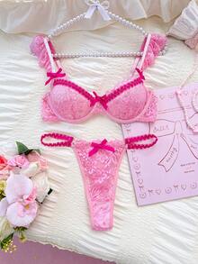 PetitDoll Bộ 2 áo ngực ren có dây nhún bèo + quần lót ren có nơ, Bộ đồ lót dễ thương và ngọt ngào, Thích hợp mặc hàng ngày - Hồng - Xem 6