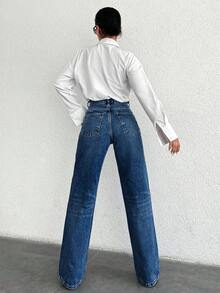 SHEIN PETITE Petite 100%Cotton High Waist Wide Leg Jeans - Medium Wash - View 2