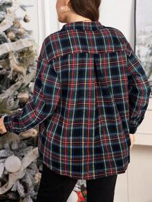 Comfylo Plus Size Plaid Print Front Button Patch Pocket Casual Long Sleeve Shirt Thanksgiving New Years Button Up Oversized Shirt Plaid Button Up Plaid Shirt Women Plus Size Button Down Shirt Women Button Up Shirt Plus Size Oversized Shirts Plus Size Plaid Shirt Oversized Plaid Shirt - Black - View 2